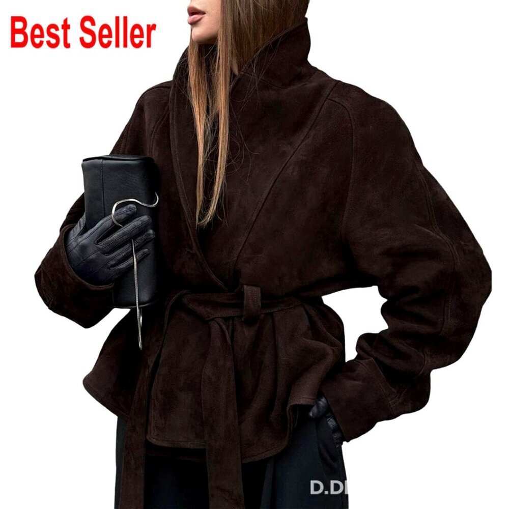 Faux Leather Lace Up Motorcycle Jacket, Retro Suede Long Sleeve Coat